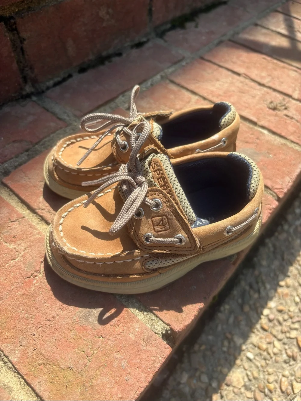 Sperry Kids Tan Moccasin Boat Shoes with Beige Laces